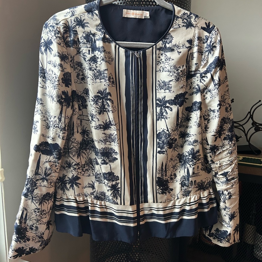 Tory Burch Silk Frenesi Toile Jacket Navy White